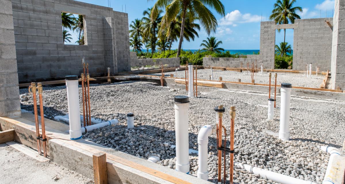 Underslab plumbing rough-in with PVC drain lines and copper supply stubs on a Barbados construction site